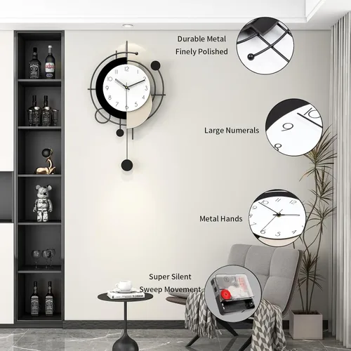 Vista 7 de Reloj de pared grande para decoración de sala de estar, reloj de pared decorativo moderno en negro con péndulo, de madera, funciona con pilas, sin