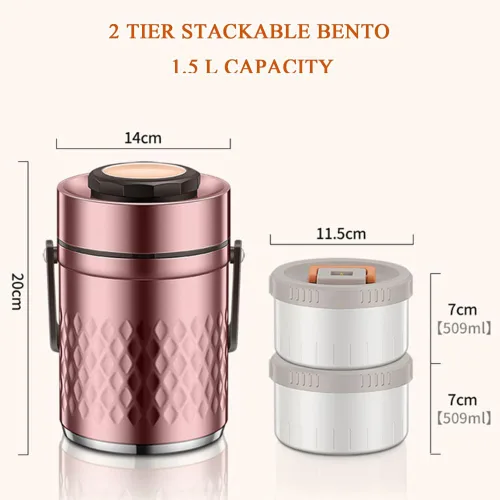 Vista 4 de Recipiente de comida aislado, frasco térmico para sopa de alimentos calientes, a prueba de fugas, apilables, de acero inoxidable, almacenamiento