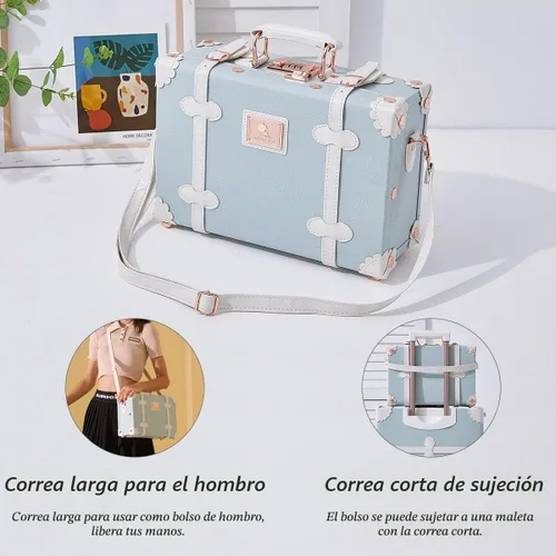 Vista 6 de Unitravel Juego de maletas vintage, equipaje retro con ruedas para mujer de piel sintética, repujado azul