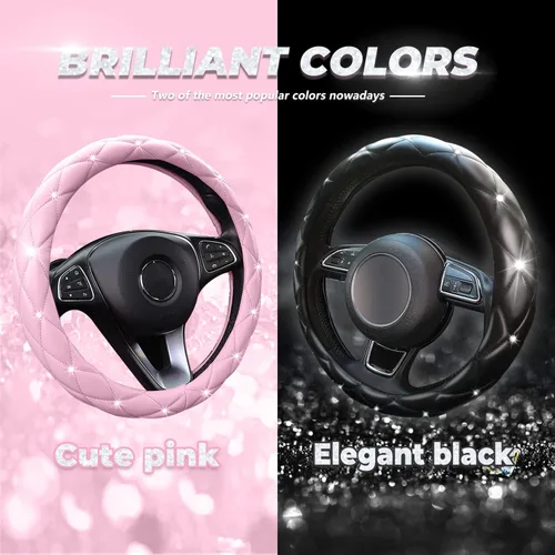 Vista 4 de Bonita funda negra brillante para volante de automóvil, suave, transpirable, antideslizante, de piel sintética, con diamantes de imitación