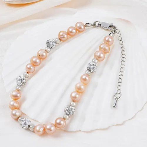 Vista 6 de Rosedate Pulsera de perlas naturales con incrustaciones de diamantes, pulsera de flores doradas, elegante y exquisita para mujeres y niñas, regalo