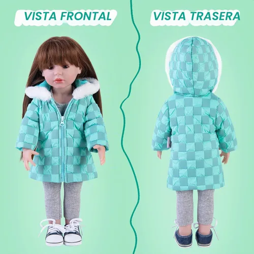 Vista 5 de Rakki Dolli Conjunto de ropa de muñeca de 3 piezas. Conjunto de abrigo grueso con capucha a cuadros azules y grises con manga larga, traje de muñeca