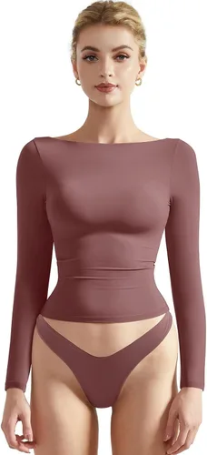 Vista 7 de SUUKSESS Camiseta de mujer con cuello redondo, manga larga, doblemente forrada, ajustada y corta Negro
