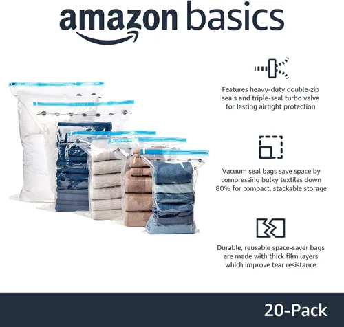 Vista 8 de Amazon Basics Bolsas de almacenamiento al vacío con bomba de mano para viajes, bolsas de compresión que ahorran espacio para ropa, ropa, mantas