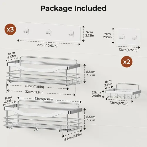 Vista 7 de Orimade Cesta de ducha con 5 ganchos, organizador de baño, estante de almacenamiento de cocina, adhesivo montado en la pared, sin perforaciones