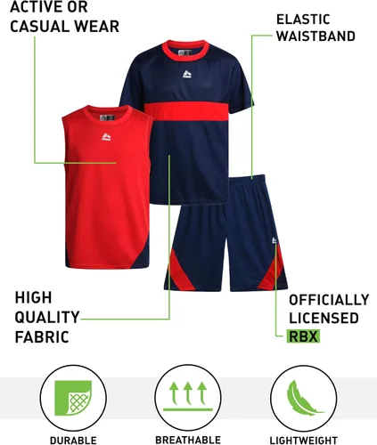 Vista 2 de RBX Conjunto de pantalones cortos activos para niños camiseta de rendimiento, camiseta sin mangas y pantalones cortos de gimnasio (4-12)