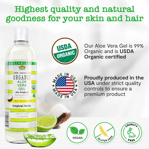 Vista 5 de Gel de aloe vera orgánico certificado por USDA, 12 onzas, 100% puro, prensado en frío, cosechado a mano, infundido con aceites esenciales de coco