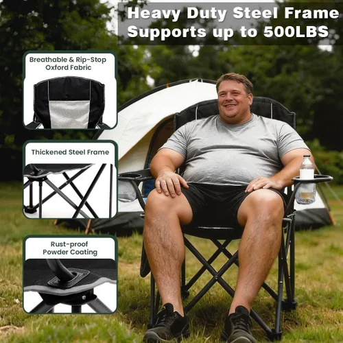 Vista 4 de SUNNYFEEL Silla de campamento plegable de gran tamaño de 500 LBS, sillas de jardín resistentes para adultos, color negro, portátil, plegable