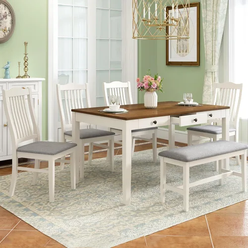 Vista 9 de LUMISOL Juego de mesa de comedor rectangular con cajones de almacenamiento y 4 sillas tapizadas y banco, juego de 6 piezas para comedor, sala