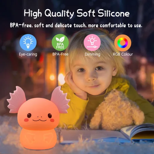 Vista 6 de Regalos de Axolotl Luz Nocturna para Niños, Bonita Lámpara de Axolotl de Silicona para Bebé y Niño Pequeño, Luz Nocturna de Animales para Niños