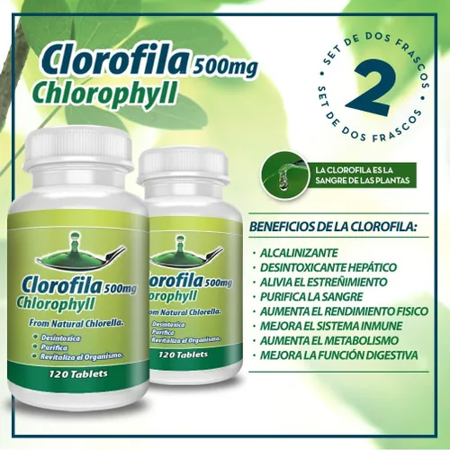 Vista 2 de Clorofila en tabletas. Set de 2 frascos con 120 tabletas CADA uno. Desintoxicica y purifica la Sangre, ayuda a la digestión, combate estrenimiento