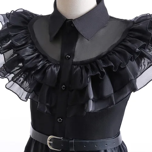 Vista 6 de Wednesday Addams - Vestido de Merlina para niñas, disfraz de Halloween con guantes, cinturón y calcetines, vestido de fiesta de cosplay familiar