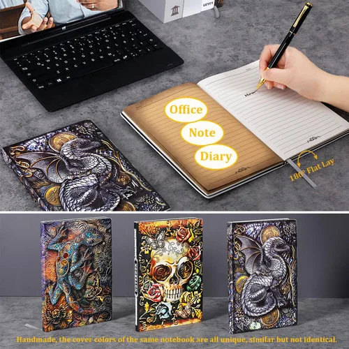 Vista 3 de FEIDIAO Cuaderno vintage de cuero en relieve Flying Dragon DND, diario de viaje A5 diario con bolígrafo y funda para bolígrafo, diario de piel
