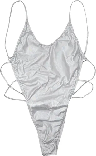 Vista 3 de Traje de baño de una pieza plateado metálico para mujer, sexy, con tirantes, espalda descubierta, corte alto, traje de baño para festival rave