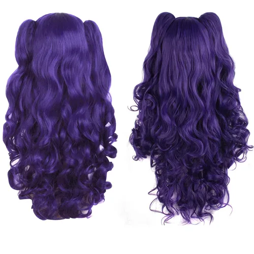 Vista 7 de Peluca MapofBeauty Lolita para disfraz, cabello largo, rizado, con coleta, Púrpura oscuro
