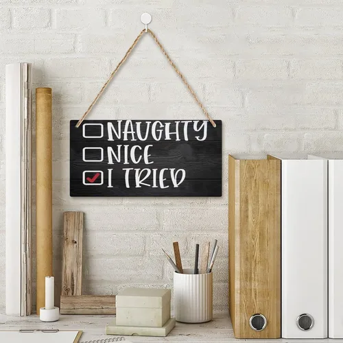Vista 2 de Cartel de madera con texto en inglés "Naughty Nice I Tried", divertido letrero de madera para colgar en la pared, porche delantero, baño, 6 x 12