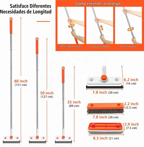 Vista 7 de Cepillo de limpieza de suelo con mango largo, cepillo extensible 3 en 1 para raspar cerdas rígidas, cepillo de ducha de 60 pulgadas con escobilla