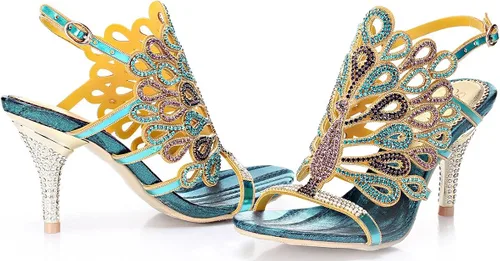 Vista 5 de Honeystore Sandalias de diamantes de imitación hechas a mano con patrón en forma de pavo real