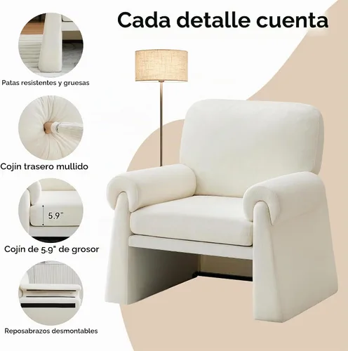 Vista 5 de Silla decorativa de gran tamaño, cómodas sillas de sala de estar, sofá individual con cojín grueso y reposabrazos, sillón tapizado para sala de Beige
