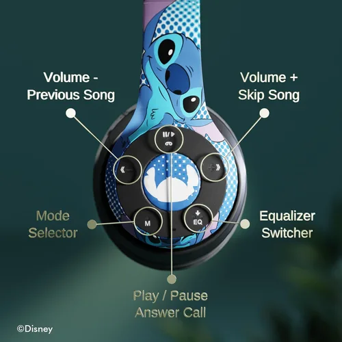 Vista 5 de iJoy Disney Lilo & Stitch Expressions - Auriculares Bluetooth plegables inalámbricos con micrófono integrado, diseño de expresiones de puntada