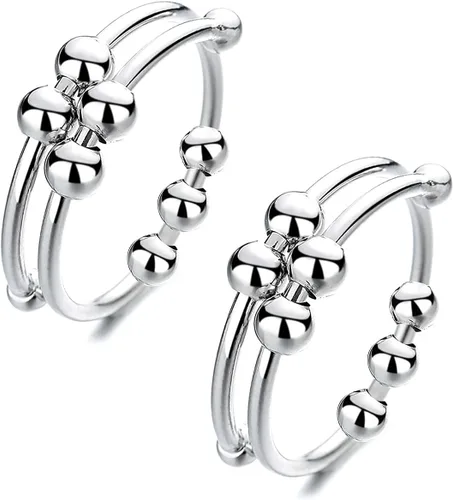 Vista 6 de Anillos giratorios ajustables de plata, anillo para aliviar la ansiedad, anillos de cuentas antipreocupaciones, regalo para mujeres, hombres y niñas