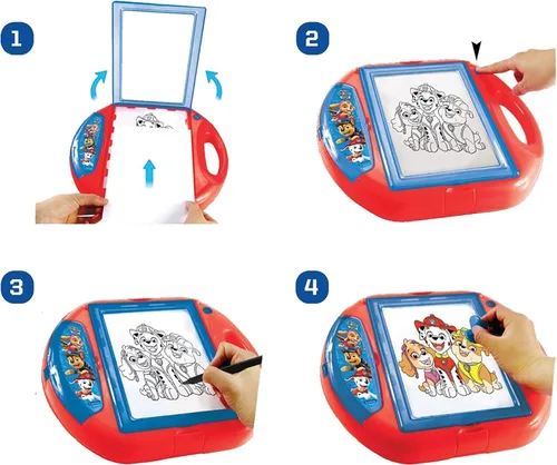 Vista 4 de LEXiBOOK Paw Patrol, proyector de dibujo, 4 tampones, 10 plantillas, pantalla de iluminación, 1 bolígrafo incluido, juguete artístico y creativo