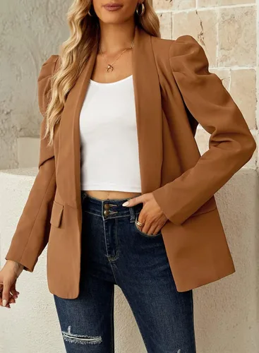 Vista 9 de Happy Sailed Blazer para mujer 2023 con frente abierto, manga abombada, chaqueta de oficina, chaquetas casuales de trabajo con bolsillos