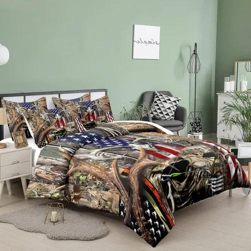 Vista 2 de Tailor Shop - Juego de edredón con bandera americana para niños y adolescentes, jungla, aventura occidental, caza, cráneo de madera, ciervo, juego