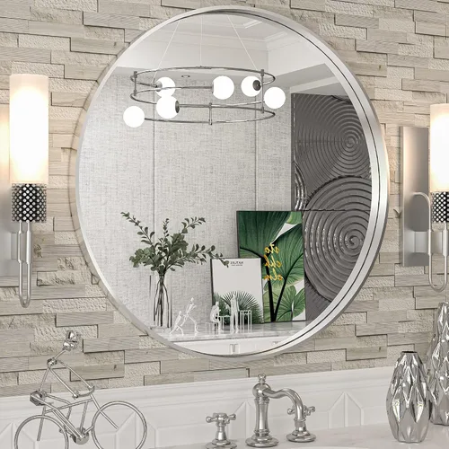 Vista 98 de TokeShimi Espejo de pared de baño de níquel cepillado de 20 x 30 pulgadas, marco de metal, esquina redonda, rectangular, para decoración del hogar