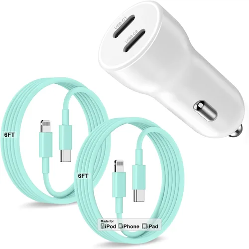 Vista 19 de Cargador de coche para iPhone 17 16 15 de carga rápida, cargador de coche USB C de doble puerto de 40 W con 2 cables USB C de 3 pies, adaptador