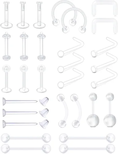 Vista 17 de MODRSA - Anillos de nariz transparentes y pernos - Retenedores de perforación de nariz de plástico - 16 g, 18 g, 20 g - Aretes de cartílago