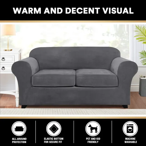 Vista 9 de Fundas elásticas de terciopelo real para silla de 3/4 piezas, fundas para sofá, protectores de muebles, patrón a cuadros, extraíbles y lavables