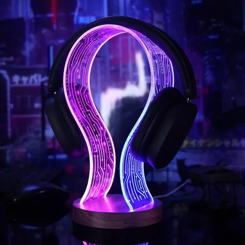 Vista 3 de Lampeez Soporte para auriculares con luz nocturna LED azul y rosa, madera de nogal para jugadores, amantes de la música, idea de regalo