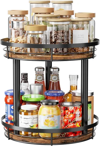 Vista 9 de LAMU Organizador Lazy Susan de Especias de Madera de 10 Pulgadas, Organizador de Especias de 2 Niveles para Gabinete, Encimera, Cocina, Superficie