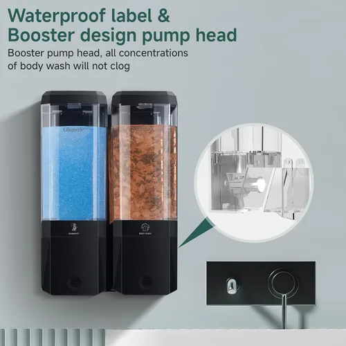 Vista 3 de Dispensador de champú y acondicionador, 2 cámaras, sin perforación, dispensador de champú para ducha, dispensador de jabón de ducha montado