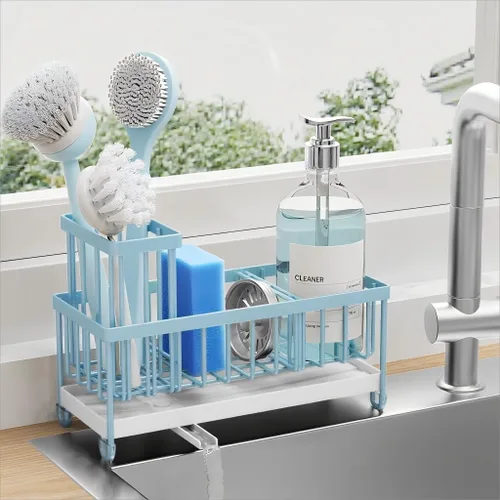 Vista 12 de Cisily Soporte de esponja negro extra grande para fregadero de cocina, organizador de fregadero con soporte alto para cepillos, organizadores