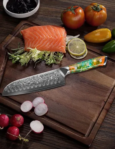 Vista 5 de Santoku Cuchillo de 7 pulgadas - Serie Xuan - Cuchillo de cocina de acero Damasco VG10 - Mango de resina (naranja fantasía)