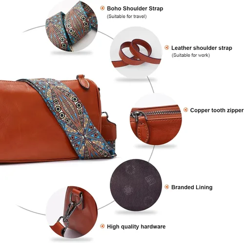 Vista 4 de Bolsos cruzados de cuero para mujer Monederos cruzados de cuero genuino para mujer de moda - Bolsos colgantes de hombro pequeños y correa ancha