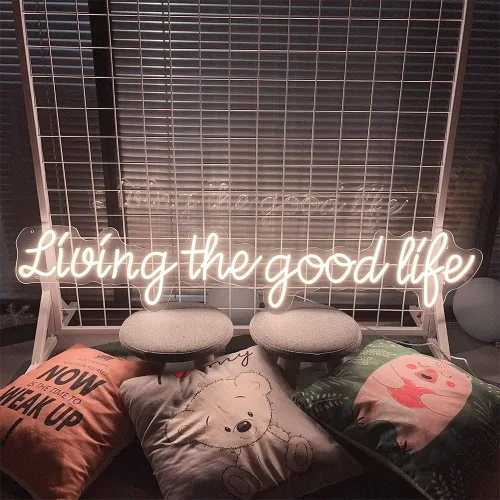Vista 2 de Letrero de neón con texto en inglés "Living The Good Life" para decoración de pared del hogar, letreros de luz LED de neón, grandes para interiores