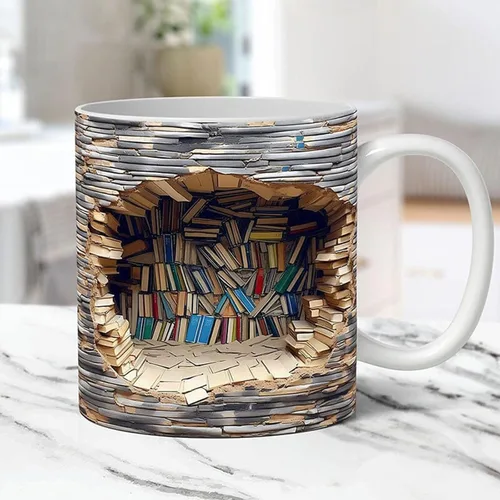 Vista 5 de Taza de estantería 3D, tazas de biblioteca, taza de café para amantes de los libros, taza de cerámica con diseño creativo del espacio para mujeres