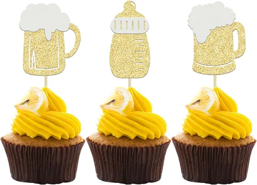 Vista 7 de Gyufise 24 piezas de decoración para cupcakes de Cheers and Beers - Taza de cerveza con purpurina negra para cupcakes, baby shower, cumpleaños