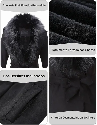 Vista 4 de Bellivera Gabardina de piel sintética para mujer, chaqueta de longitud media con forro polar y cuello de piel desmontable Negro