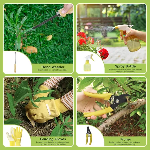 Vista 4 de Juego de herramientas de jardinería de 9 piezas, juego de herramientas de jardín resistentes con mango de madera, herramientas de mano premium