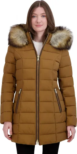 Vista 24 de Laundry by Shelli Segal Chaqueta acolchada elástica para mujer, abrigo largo de invierno con capucha de piel sintética