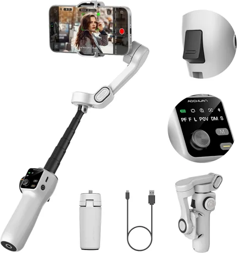 Vista 10 de AOCHUAN Estabilizador de cardán para iPhone y Android, cardán de teléfono de 3 ejes con micrófono de solapa inalámbrico, poste de extensión Negro