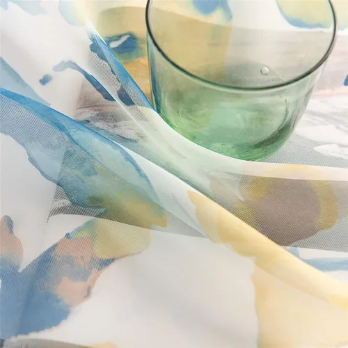 Vista 6 de VISIONTEX Cortinas transparentes con estampado de gasa, estilo abstracto europeo, estampado de hojas azules y amarillas, 2 paneles para decoración