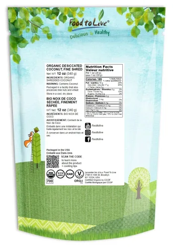 Vista 2 de Food to Live Coco orgánico fino rallado, 12 onzas, sin OMG, crudo, sin azúcar, sin sulfatar, desecado, carne afeitada. Vegana, Keto, Kosher, a