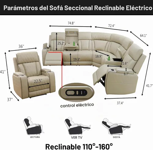 Vista 2 de Juego de sofá seccional reclinable de cuero, sofá seccional con 4 sillones reclinables