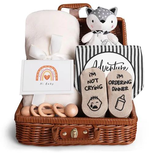 Vista 7 de Regalos para baby shower, cesta de regalos para niña, juego de cosas esenciales para regalo único para bebé, manta adorable para bebé, calcetines