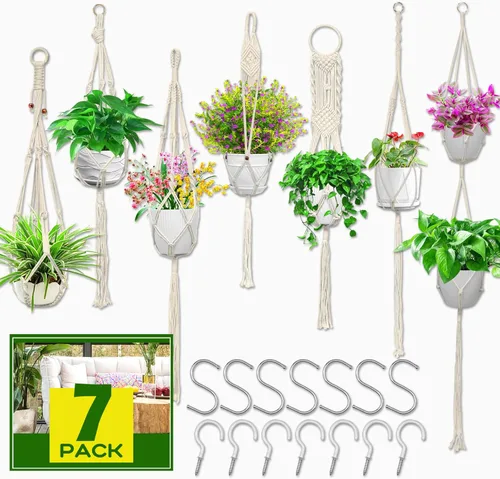 Vista 8 de IGaiety Colgador de macramé para plantas, 5 piezas de soportes colgantes para plantas para interiores y exteriores, colgadores de plantas hechos a